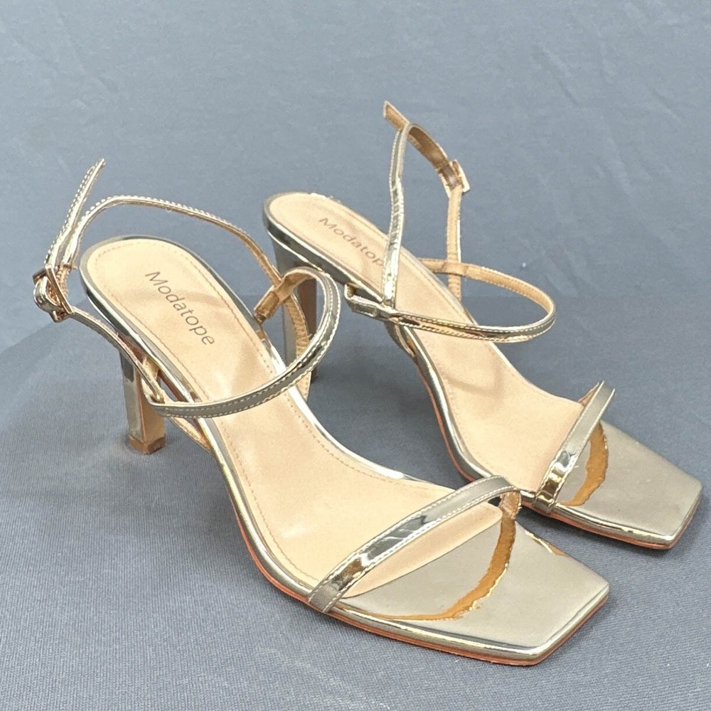 Modatope Heels 8.5 Golden Shiny Pump Strappy Prom Dance Formal Preppy Glam Event